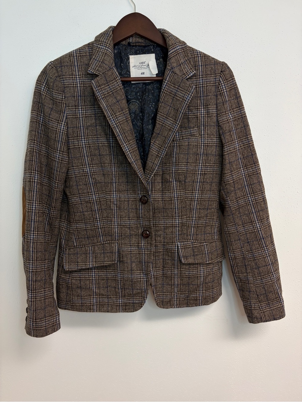 H&M Brown Plaid Tailored Blazer Jacket medium 8 beige blue collar button